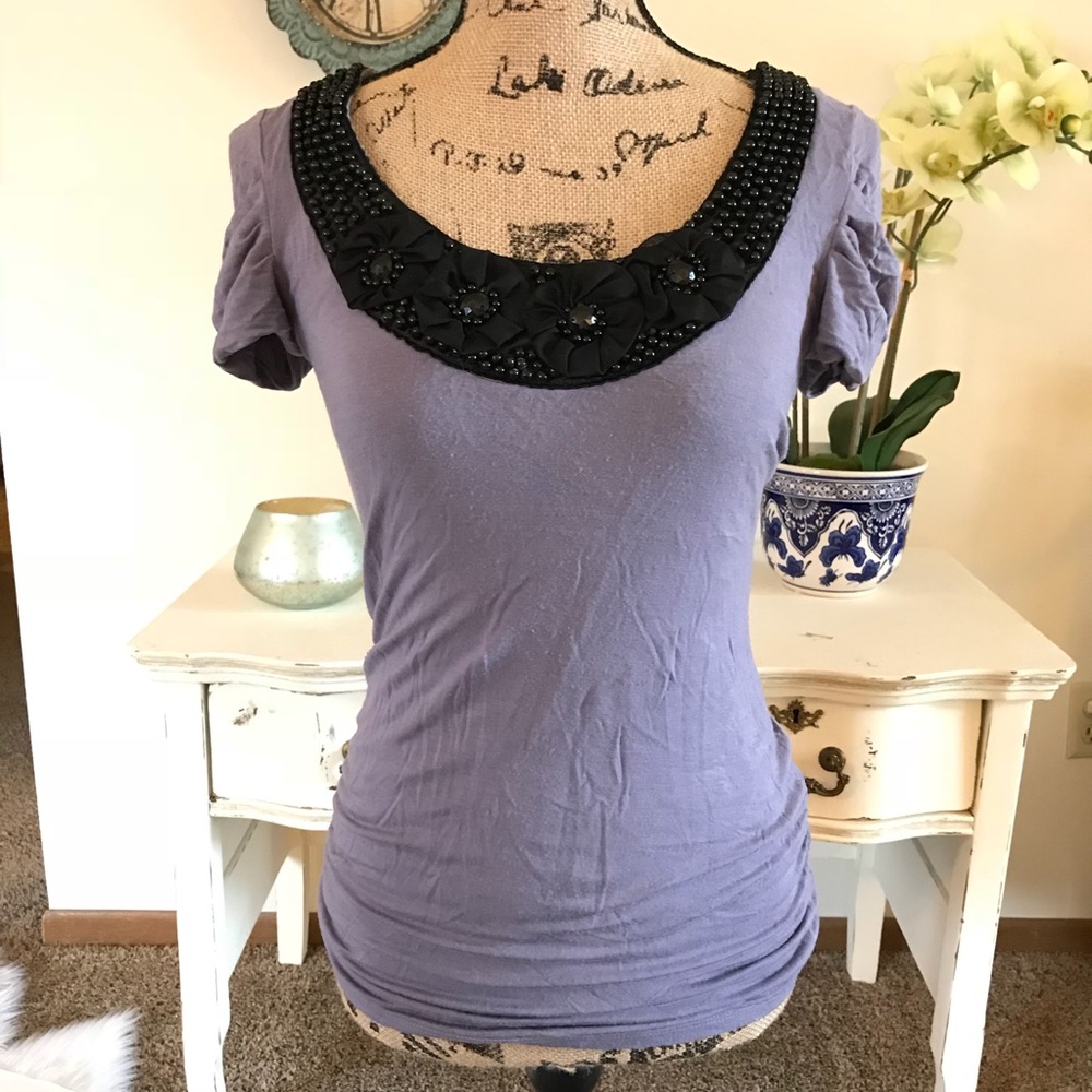 Purple shirt with black beaded collar